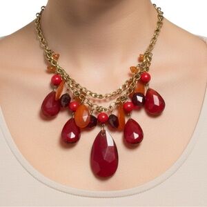 You & I Red Statement Necklace Gold Tone Chain with Faceted Teardrop Stones